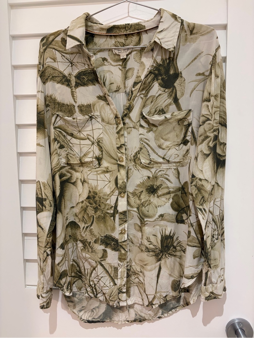 Pilcro Olive and Cream Floral Button-Down Blouse